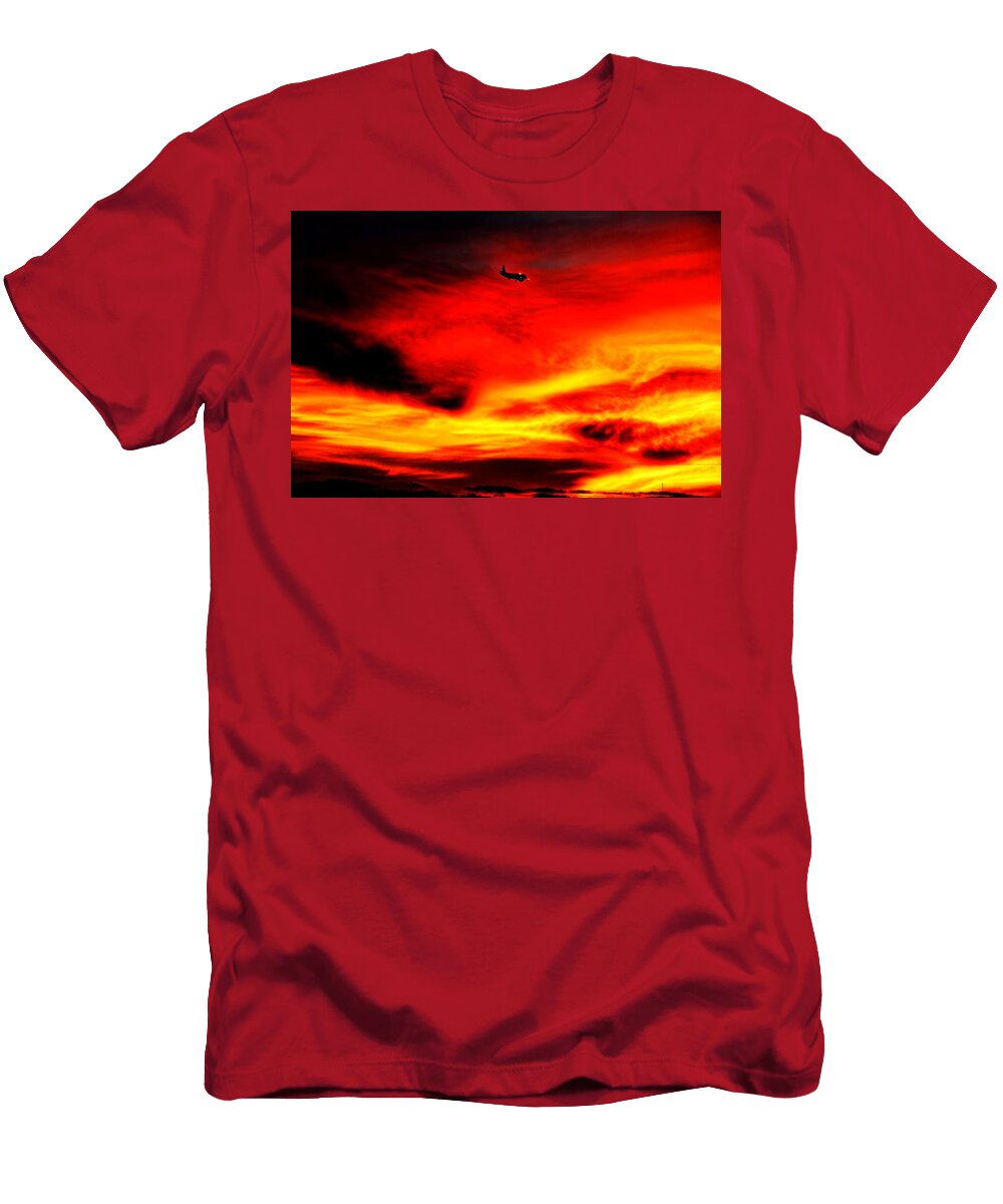 1 Airplane Against Fiery Sunset Sky Mario G Rivera T-Shirt
