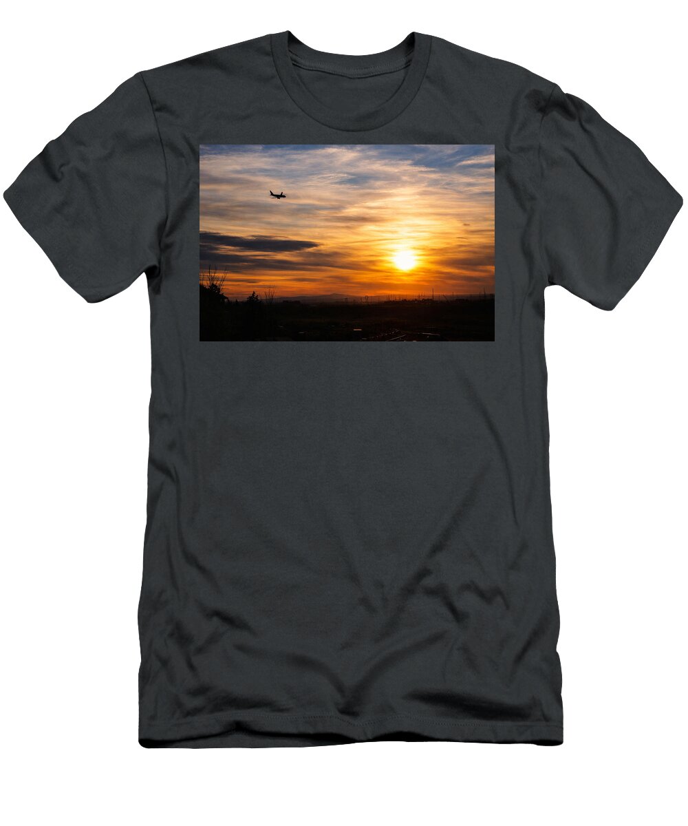 1 Airplane Silhouette Against Vibrant Sunset Mario G Rivera T-Shirt