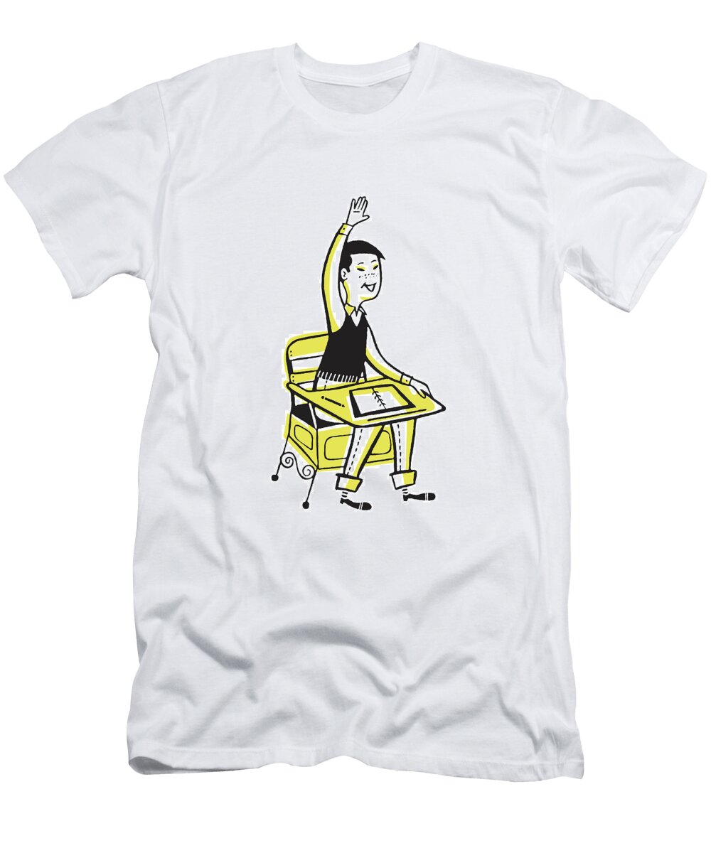 1 Asian Schoolboy At Desk Raising His Hand Csa Images T-Shirt