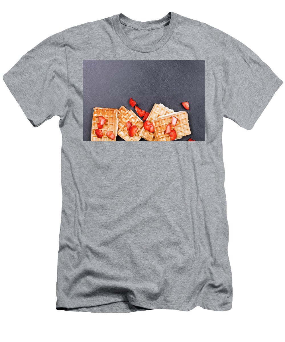 1 Belgium Waffers and Strawberries on Black Board Background Liss Art Studio T-Shirt