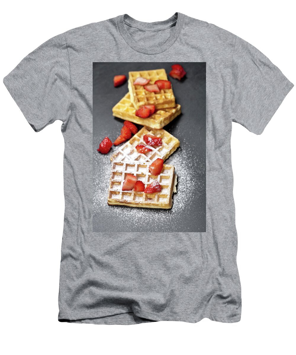1 Belgium Waffers with Strawberries and Sugar Powder on Black Boar Liss Art Studio T-Shirt