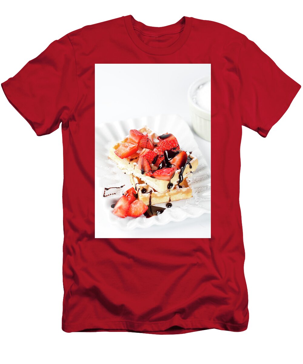 1 Belgium Waffers with Sugar Powder Strawberries and Chocolate on Liss Art Studio T-Shirt