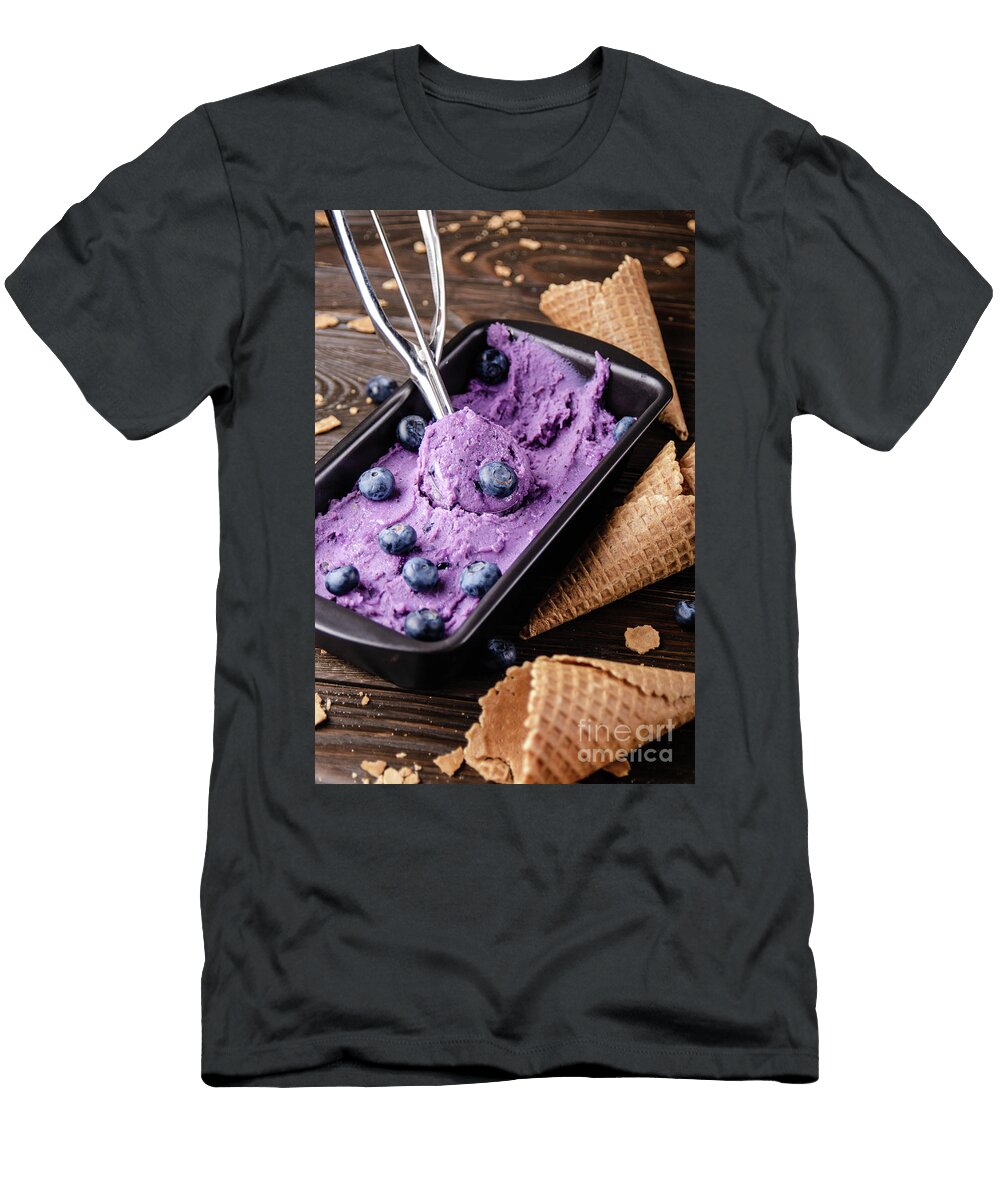 1 Blackberry Icecream in Tray with Wafer Cones Aside on Dark Woode Olena Mykhaylova T-Shirt