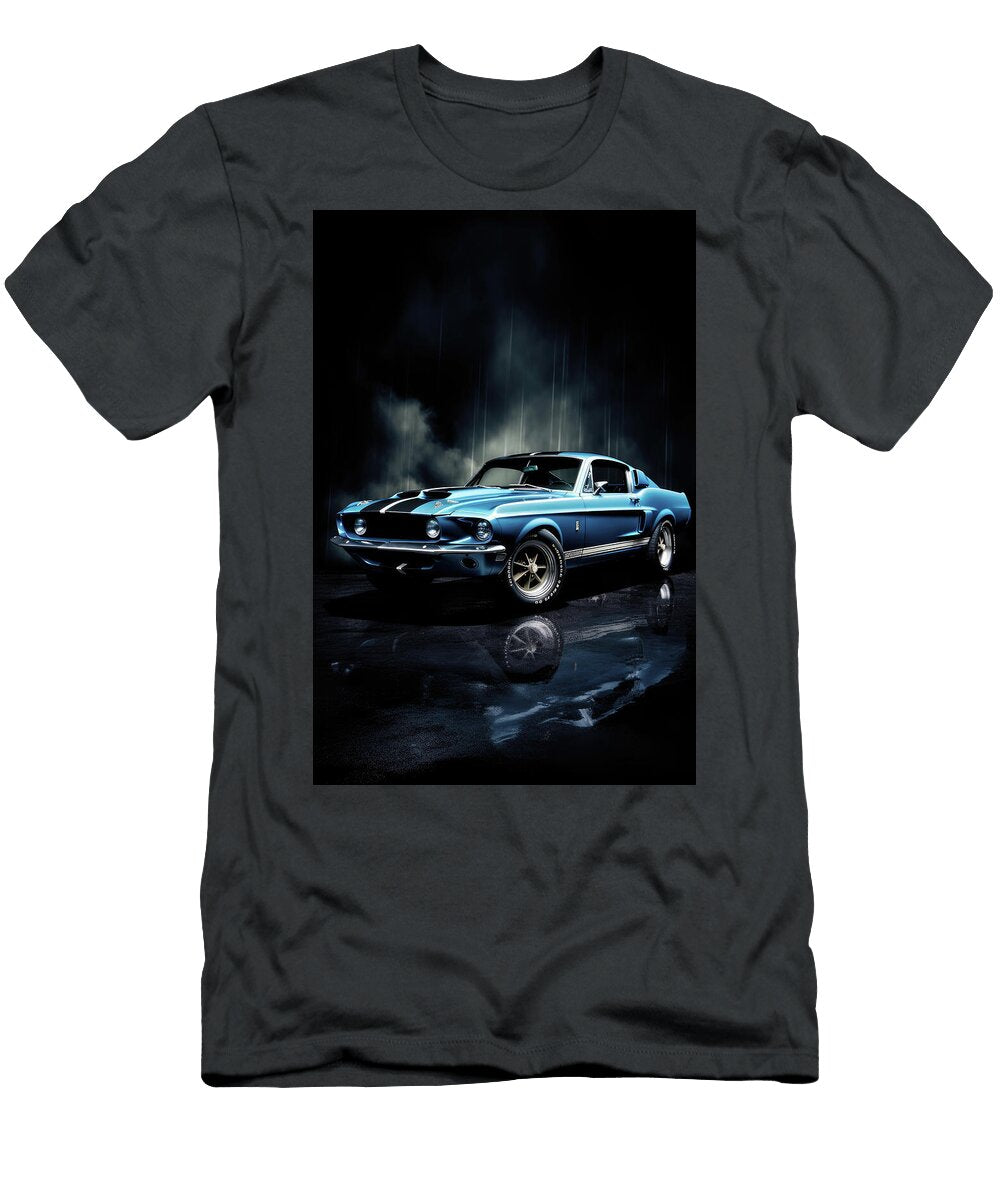 1 Blue Retro Ford Mustang Shelby Gt350 Front View Against a Dark B Boyan Dimitrov T-Shirt