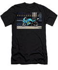 1 Blue Yellow Sporty Motorcycle Parked on Pavement Imran Ahmed T-Shirt