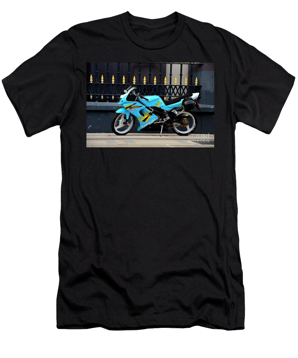 1 Blue Yellow Sporty Motorcycle Parked on Pavement Imran Ahmed T-Shirt