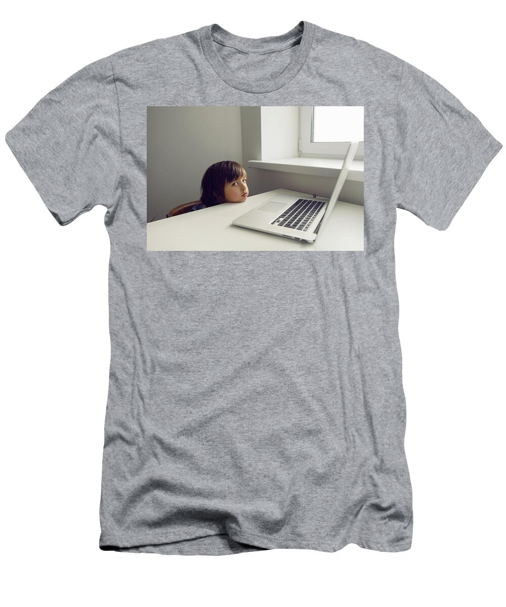 1 Boy Child Sits At a Table Near the Window with a Laptop and Communicates with Relatives Elena Saulich T-Shirt