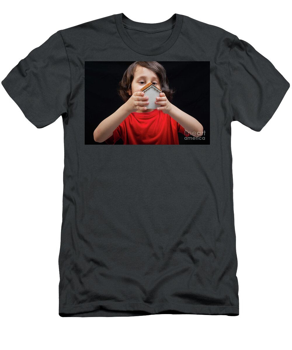 1 Boy with Model House in Hand As Property and Insurance Concep Turgay Koca T-Shirt
