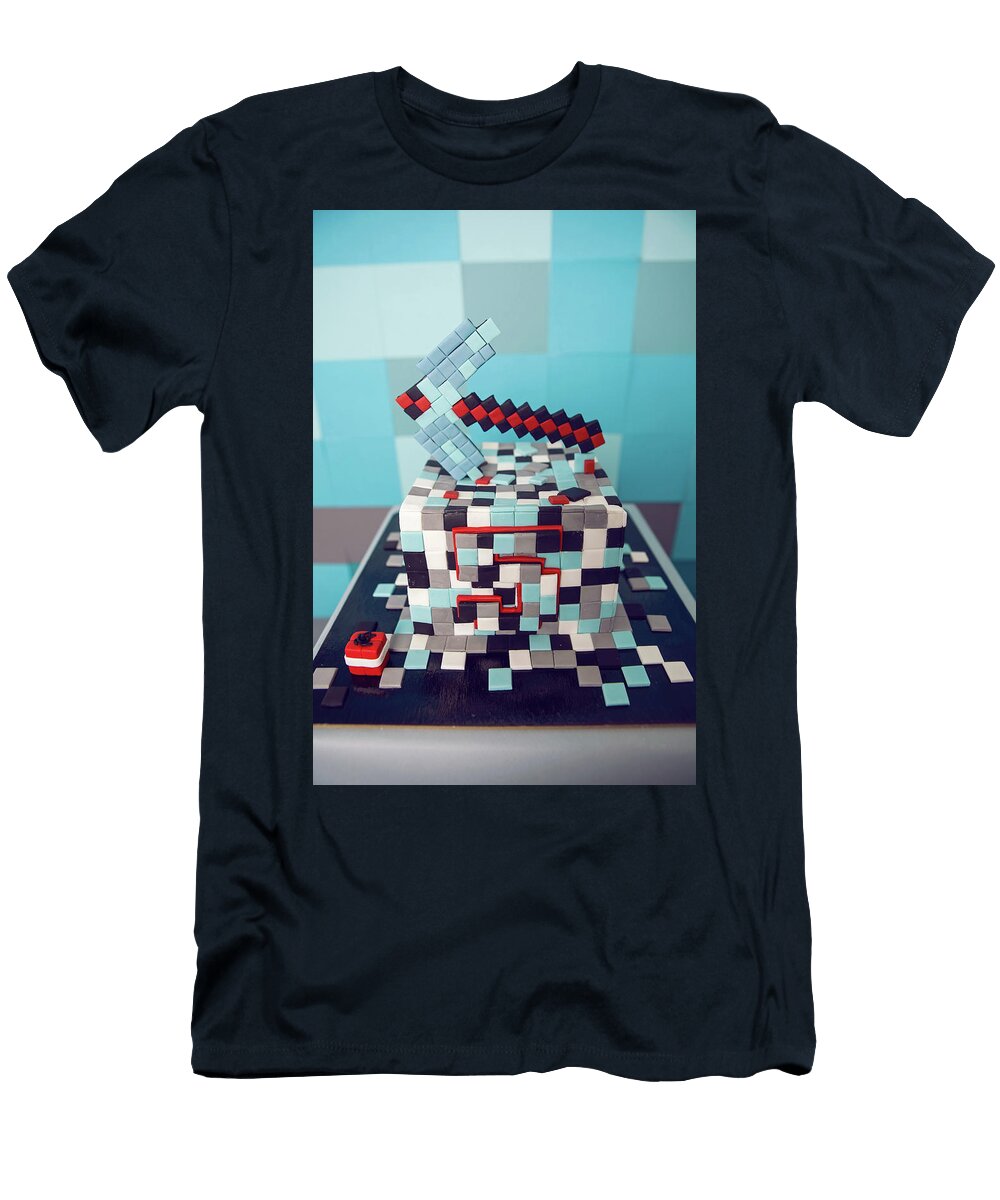 1 Close Up View Square Minecraft Cake Made of Pixels and Pickaxe on Top Birthday 5 Years Old Baby Boy Elena Saulich T-Shirt