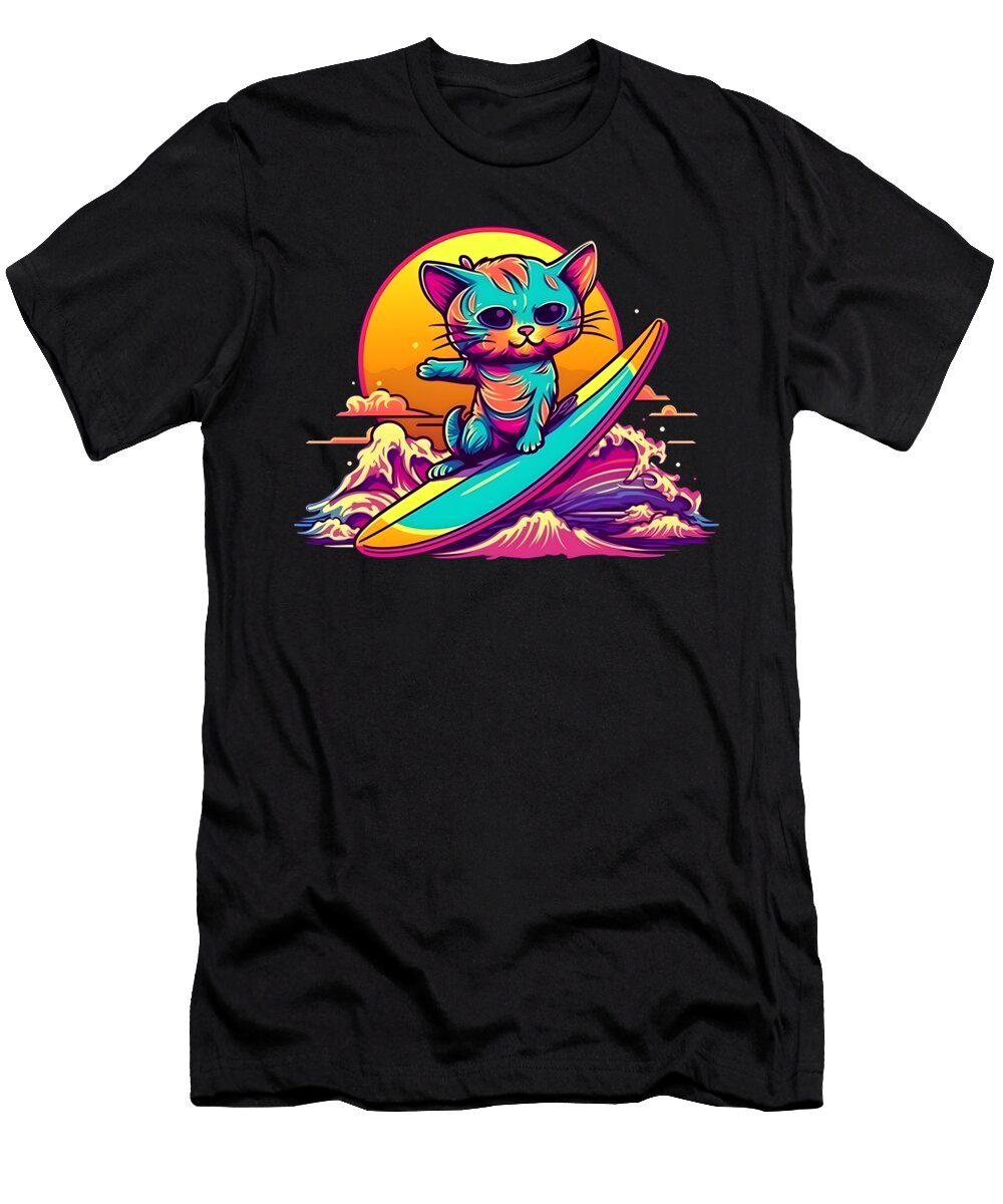 1 Cool Retro Surfing Cat Sweet Birdie Studio T-Shirt