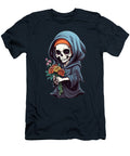 1 Death Skeleton Skull in Black Cloak with Orange Roses on White B Joanna Redesiuk T-Shirt