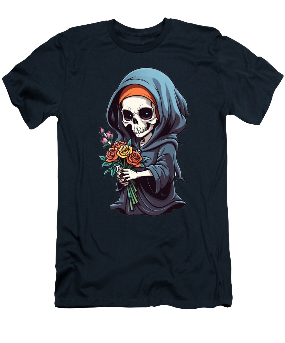 1 Death Skeleton Skull in Black Cloak with Orange Roses on White B Joanna Redesiuk T-Shirt
