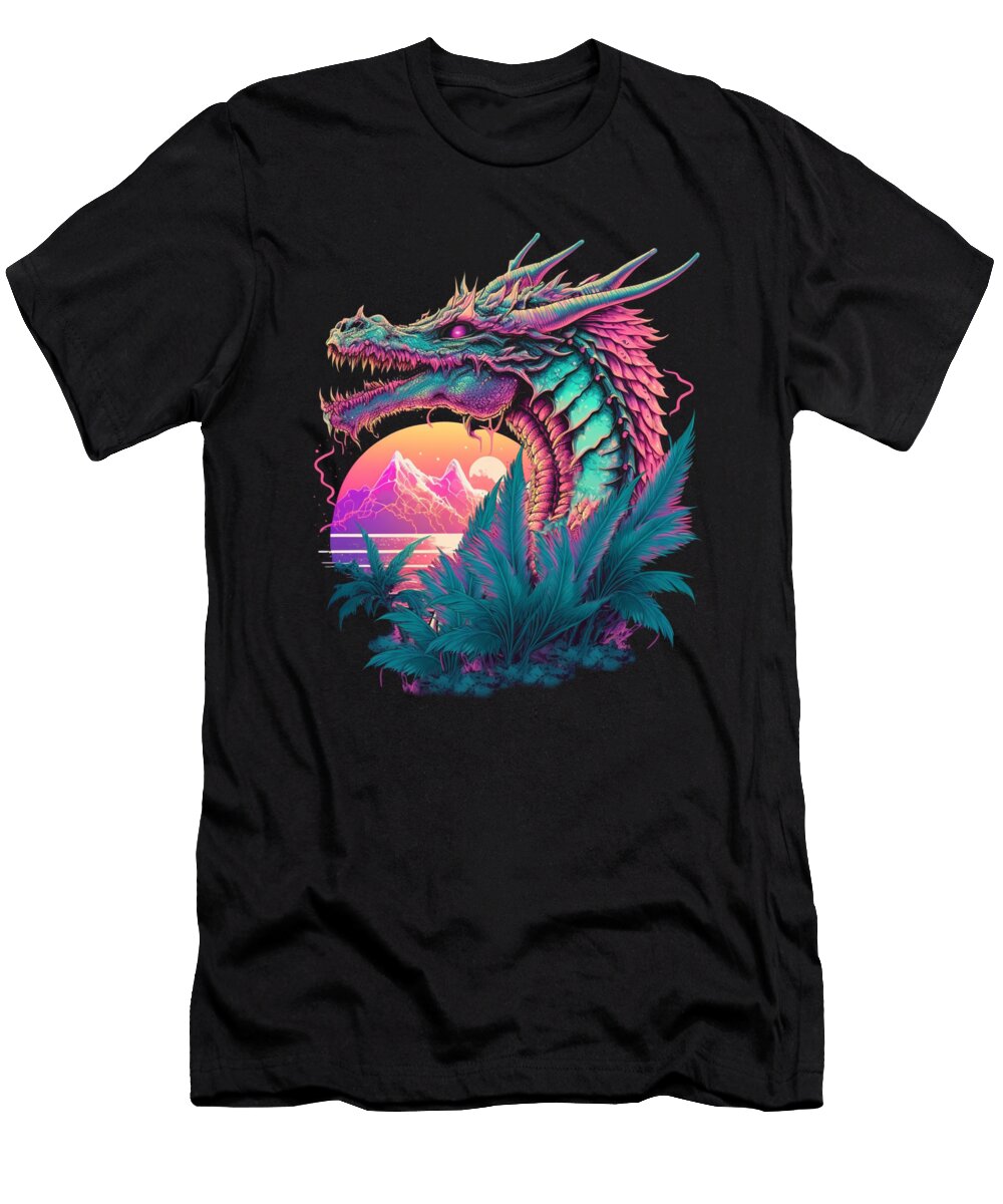 1 Dragon Vaporwave Abstract Landscape Moon Tree Waterfall Toms Store T-Shirt