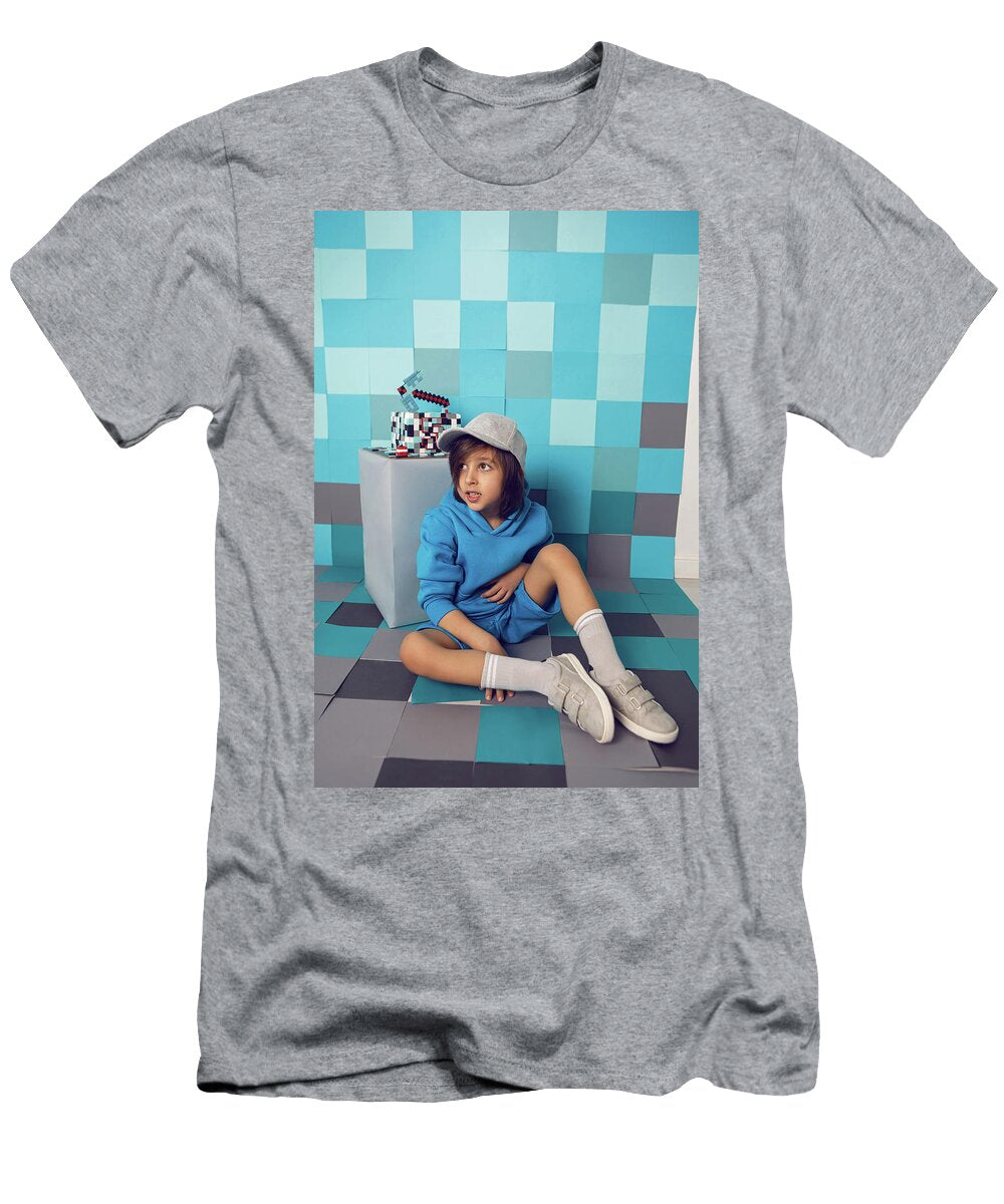 1 Fashion Boy in Blue Clothes Bites At a Cake Pixels with Pickaxe in the Studio Birthday Five Years Elena Saulich T-Shirt