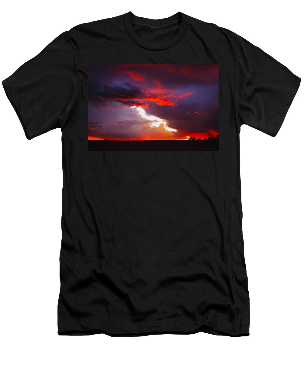 1 Fiery Sunset Over Silhouetted Landscape Mario G Rivera T-Shirt