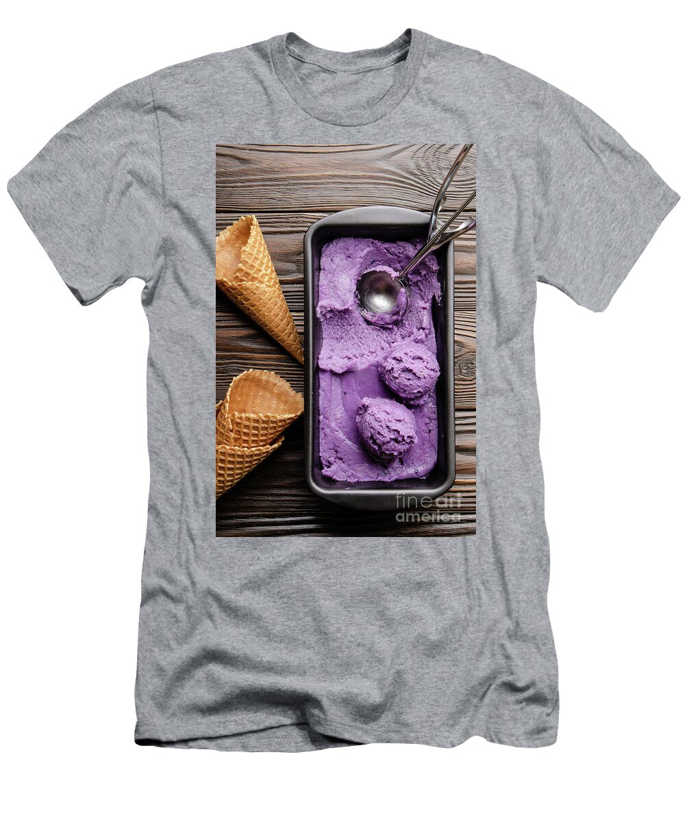 1 Flat Lay View At Blackberry Icecream in Tray with Wafer Cones As Olena Mykhaylova T-Shirt