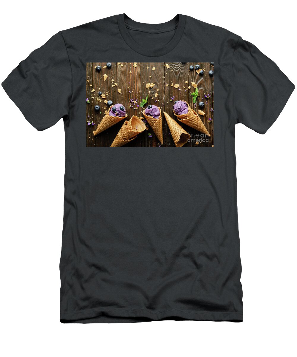 1 Flat Lay View At Wafer Cones with Blackberry Icecream on Wooden Olena Mykhaylova T-Shirt