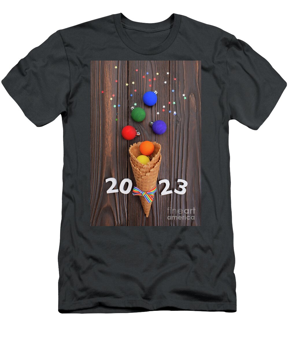 1 Flat Lay View At Waffer Cones with Rainbow Color Balls Digits a Olena Mykhaylova T-Shirt