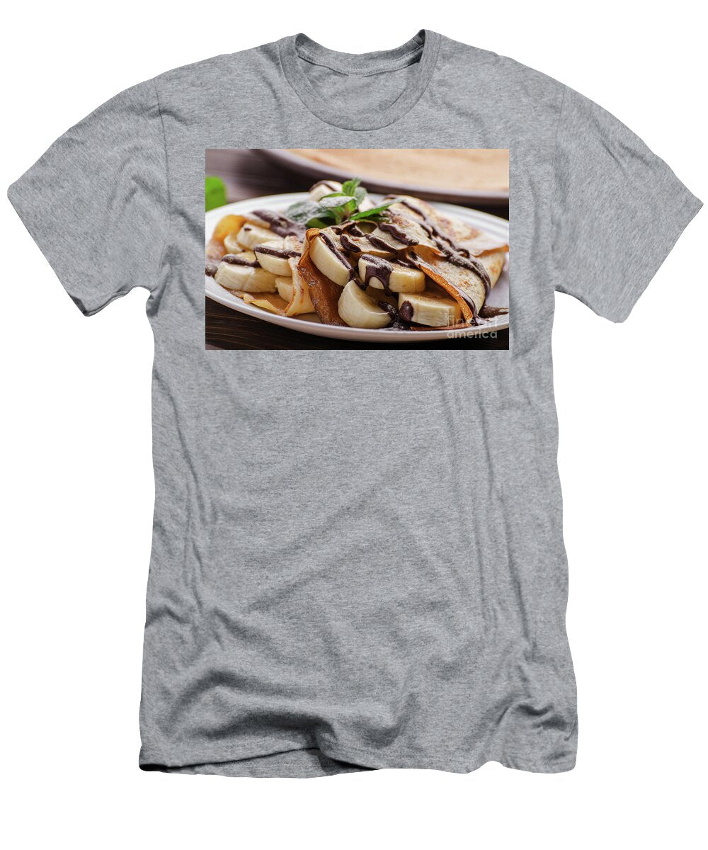 1 French Crepes with Chocolate Sauce and Banana in Ceramic Dish on Dmytro Mykhailov T-Shirt