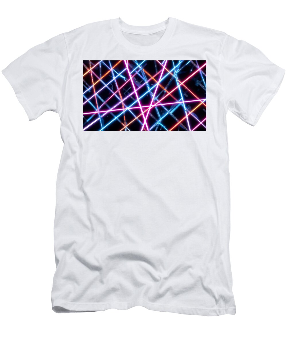 1 Futuristic Neon Light Strips Abstract Background with Glowing Pink and Blue Laser Lines Talha Khan T-Shirt