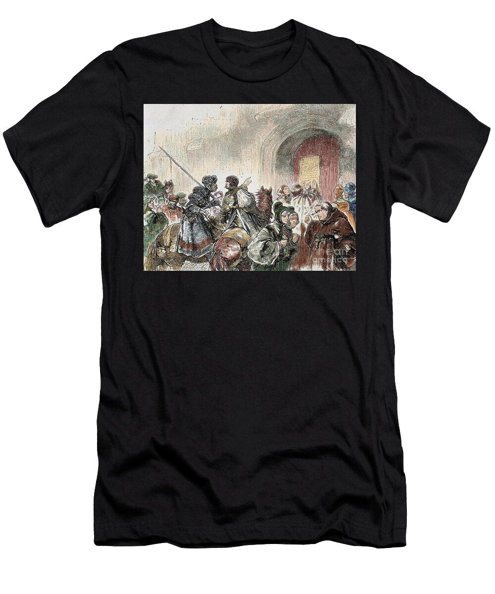 1 Luther Nailed to the Door of the Wittenberg Castle Church the 95 Theses on the Power and Efficacy of Indulgences Unknown Artist T-Shirt