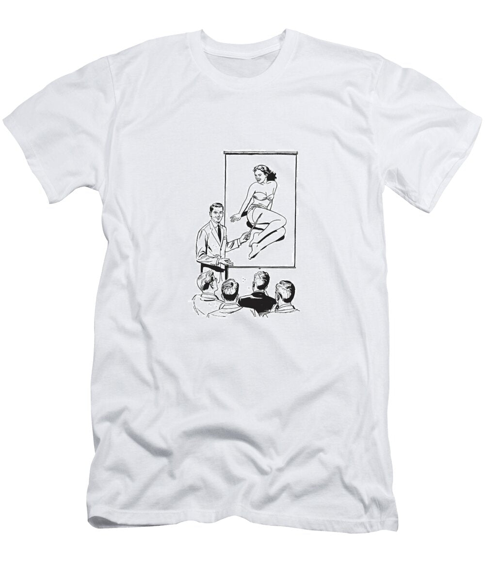 1 Man Presenting to a Group and Pointing to Image of a Woman in a Bikini Csa Images T-Shirt