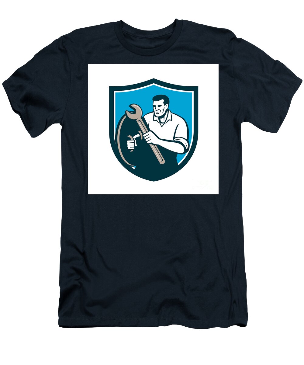 1 Mechanic Brandishing Spanner Wrench Shield Retro Aloysius Patrimonio T-Shirt