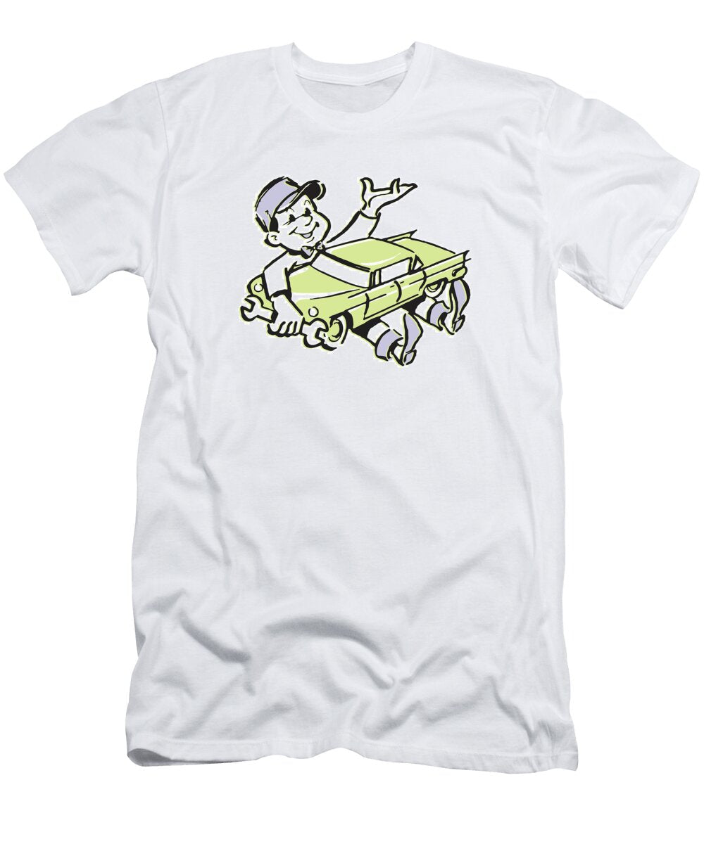 1 Mechanic Holding Wrench and Undersized Car on Lap Csa Images T-Shirt