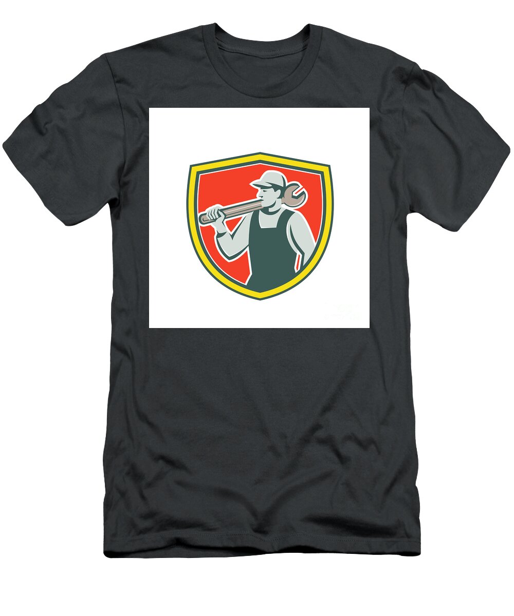 1 Mechanic Worker Holding Spanner Shield Retro Aloysius Patrimonio T-Shirt