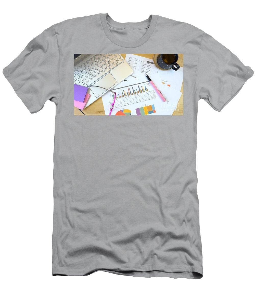 1 Modern Office Desk Overhead with Laptop Pc and Graphs Paperwork Milleflore Images T-Shirt