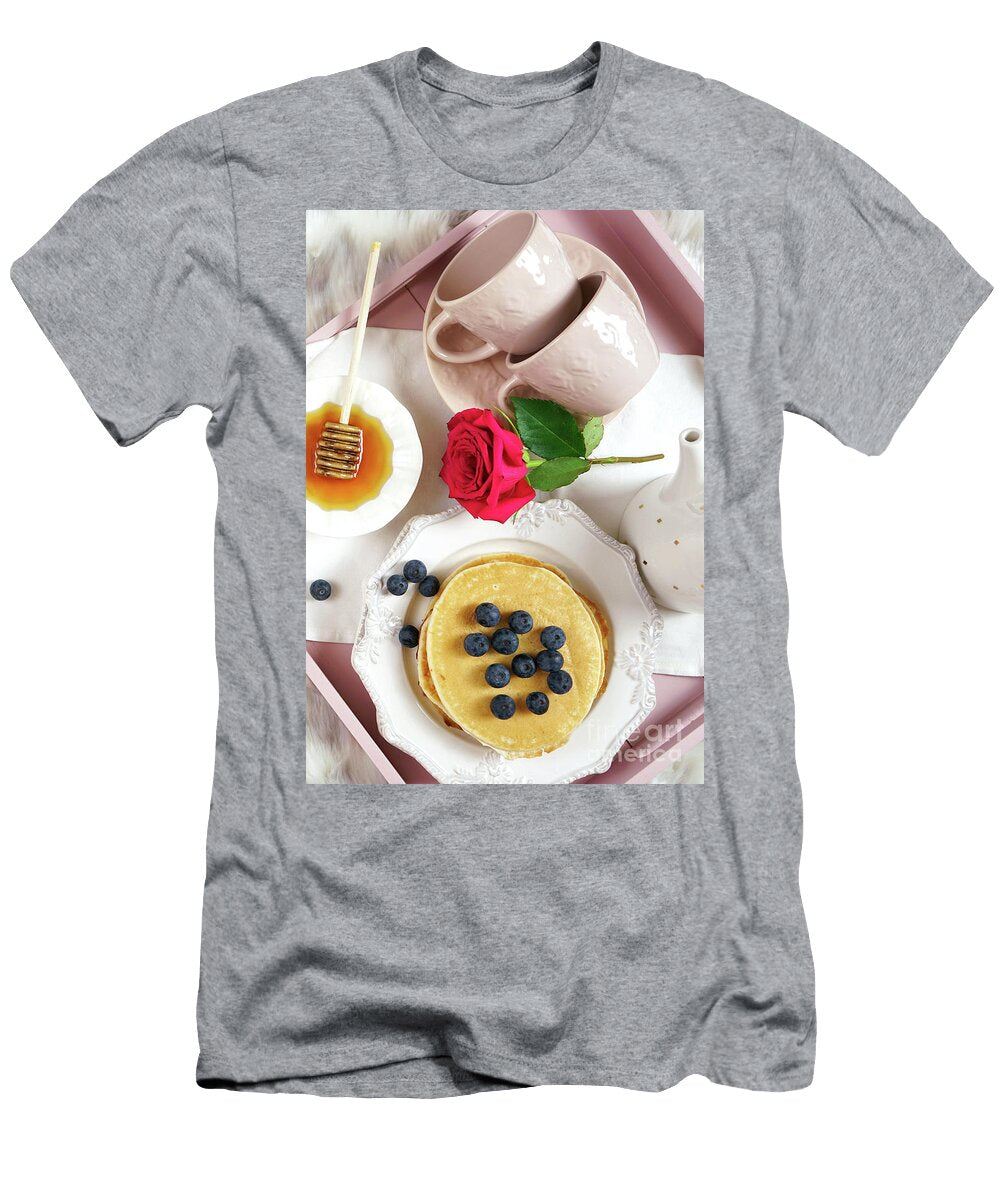 1 Pancake Breakfast Tray in Bed with Syrup and Blueberries Fruit Flat Lay Milleflore Images T-Shirt