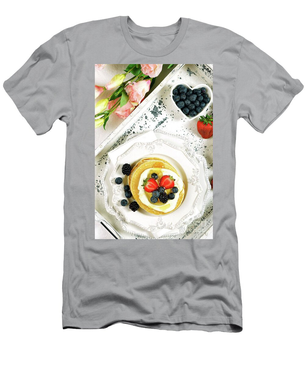 1 Pancake Breakfast Tray on Table with Syrup and Blueberries Fruit Flat Lay Milleflore Images T-Shirt