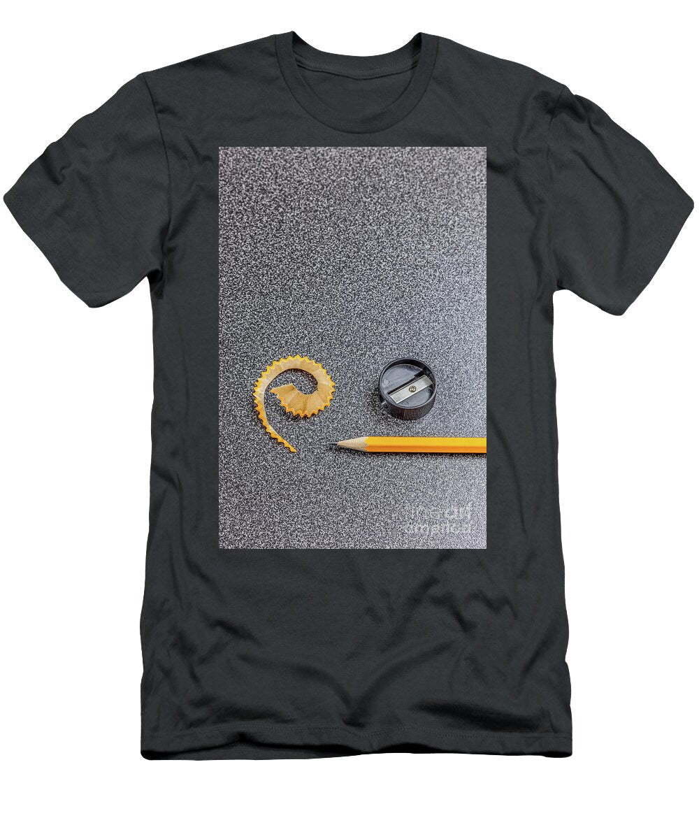 1 Pencil Pencil Sharpener and Pencil Shaving on Desk Close Up Bryan Mullennix T-Shirt