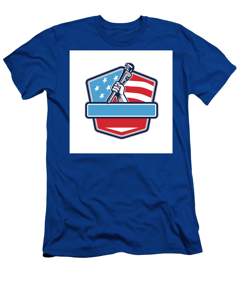 1 Plumber Hand Pipe Wrench USA Flag Shield Retro Aloysius Patrimonio T-Shirt