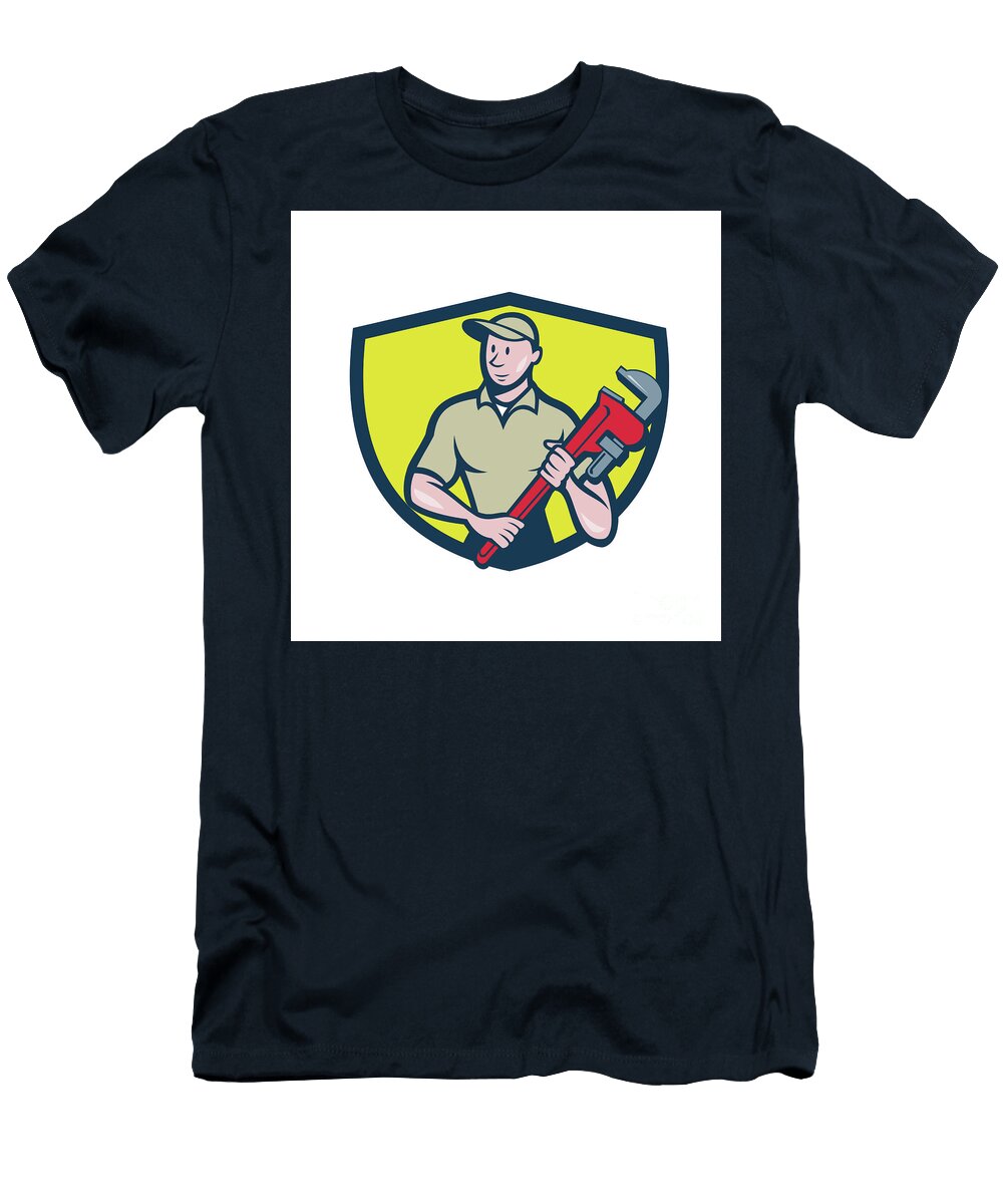1 Plumber Holding Monkey Wrench Crest Cartoon Aloysius Patrimonio T-Shirt