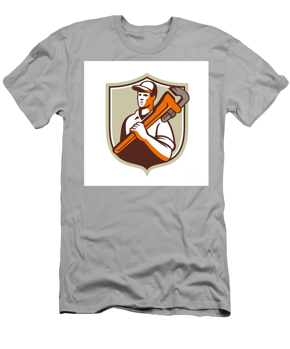 1 Plumber Holding Monkey Wrench Crest Retro Aloysius Patrimonio T-Shirt