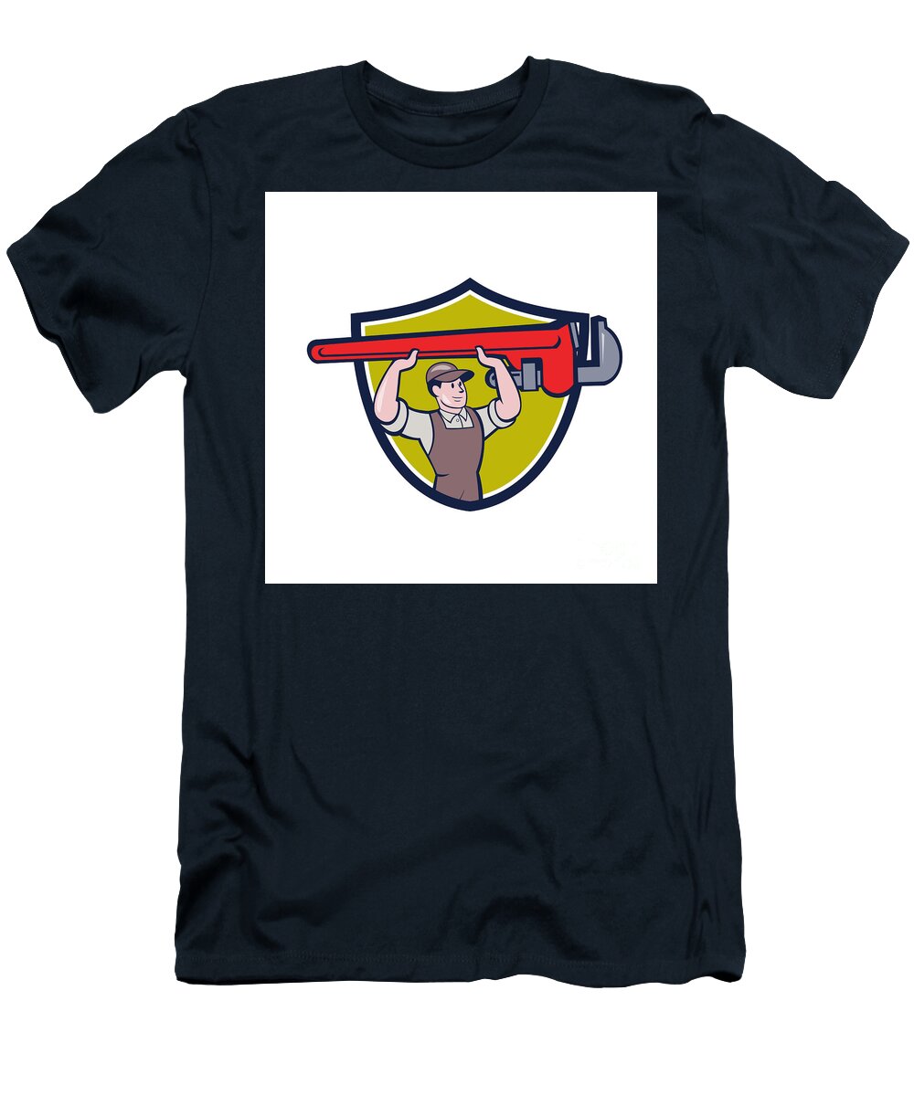1 Plumber Lifting Monkey Wrench Crest Cartoon Aloysius Patrimonio T-Shirt