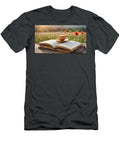 1 Stack of Old Books and Coffee Cup on Outdoor Wood Table with Lan Turgay Koca T-Shirt