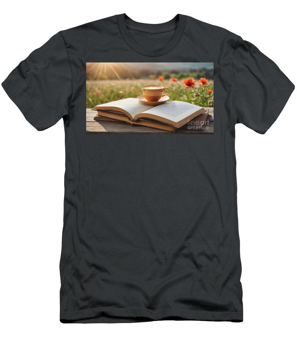 1 Stack of Old Books and Coffee Cup on Outdoor Wood Table with Lan Turgay Koca T-Shirt