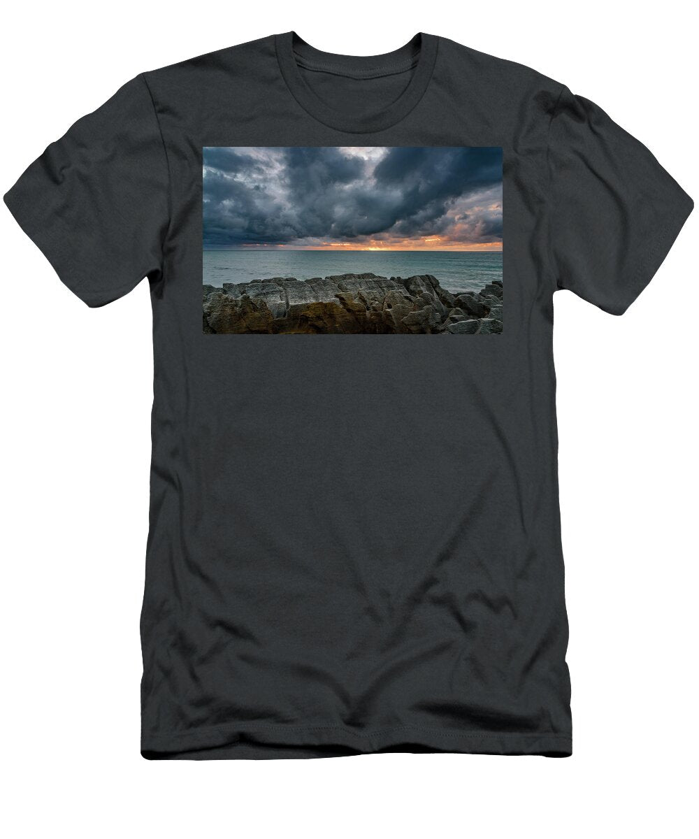 1 Stormy Sunset At Pancake Rocks Punakaiki West Coast Robert Green T-Shirt