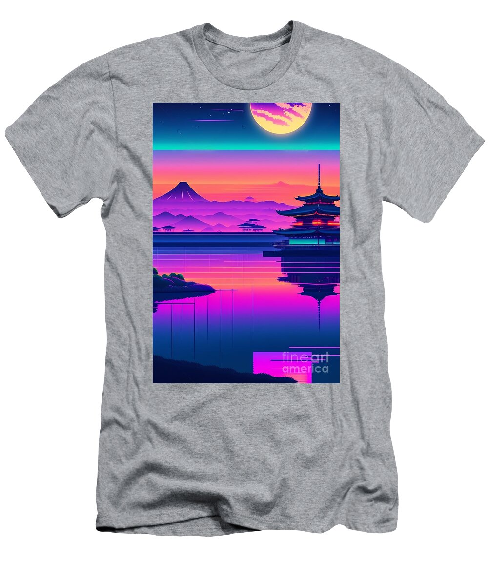 1 Synthwave Japanese Town with Moon Background Boon Mee T-Shirt