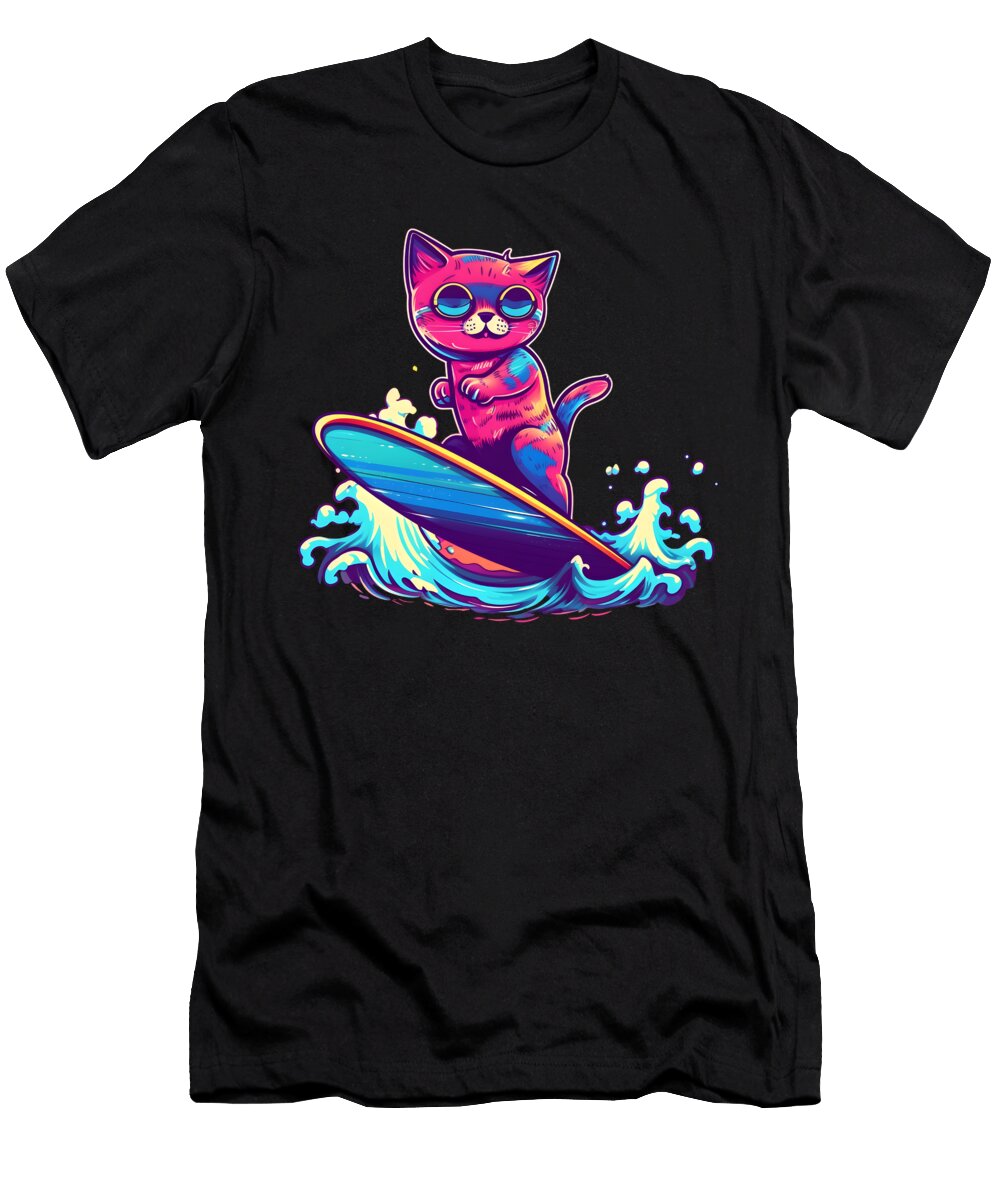 1 Synthwave Surfing Cat Sweet Birdie Studio T-Shirt