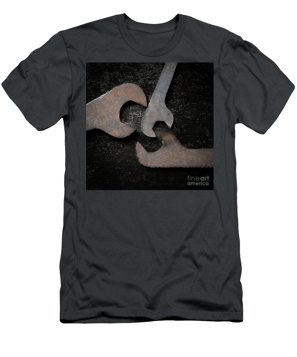 1 Top View of the Rusty and Old Wrenches Put on the Grunge Table Surface Bernard Jaubert T-Shirt