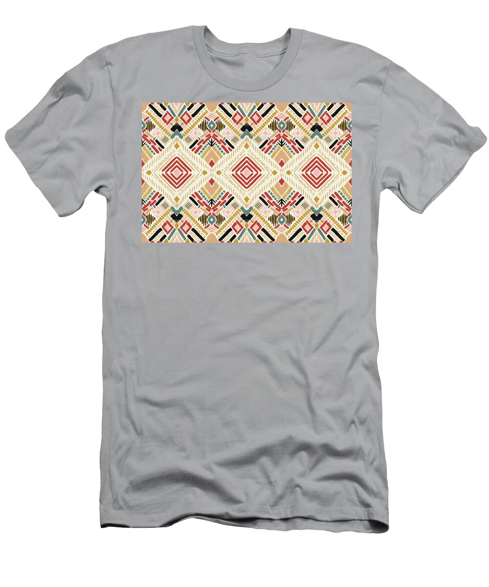 1 Tribal Ornament Seamless African Pattern Ethnic Carpet with Chevrons Aztec Style Geometric Mosaic on the Tile Majolica Ancient Interior Modern Rug Kente Cloth Julien T-Shirt