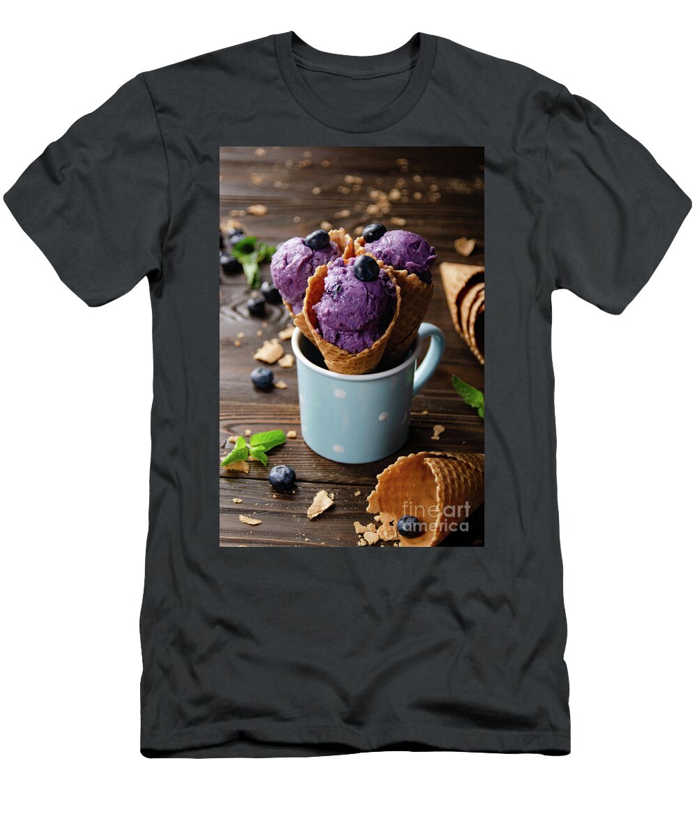 1 Wafer Cones with Blackberry Icecream in Blue Mug on Wooden Kitch Olena Mykhaylova T-Shirt