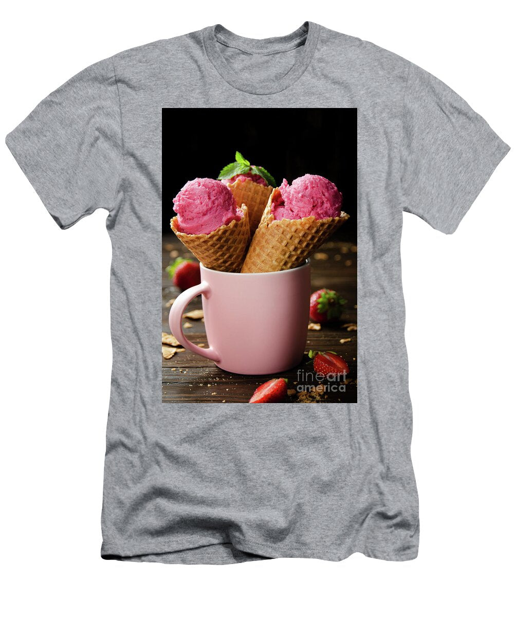 1 Wafer Cones with Strawberry Icecream in Pink Mug on Wooden Kitch Olena Mykhaylova T-Shirt