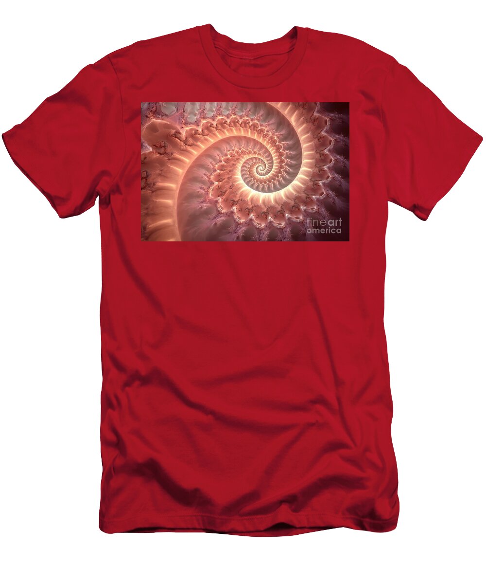 1 Whimsical and Nostalgic Calming Coral Nautilus Spiral Fractal Background Soft Dreamy Faded Orange Pink Abstract Conic Shell Pattern N Akkash T-Shirt
