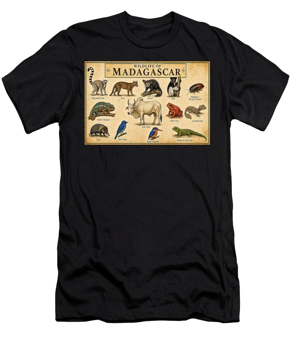 1 Wildlife of Madagascar Poster Vintage Animal Poster Lemur Chameleon Chart Amanda Hyde T-Shirt