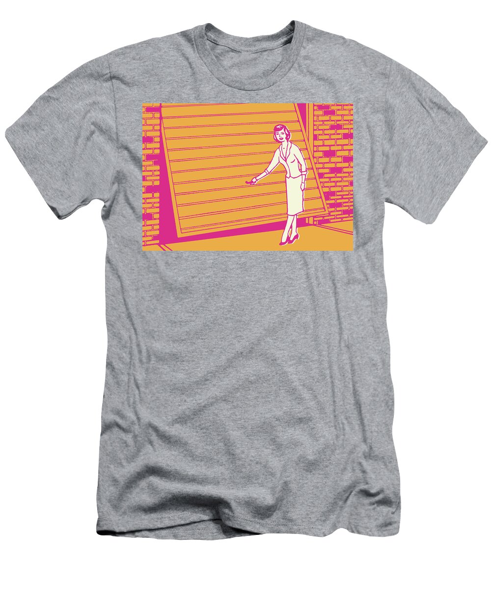 1 Woman Opening Garage Door Csa Images T-Shirt