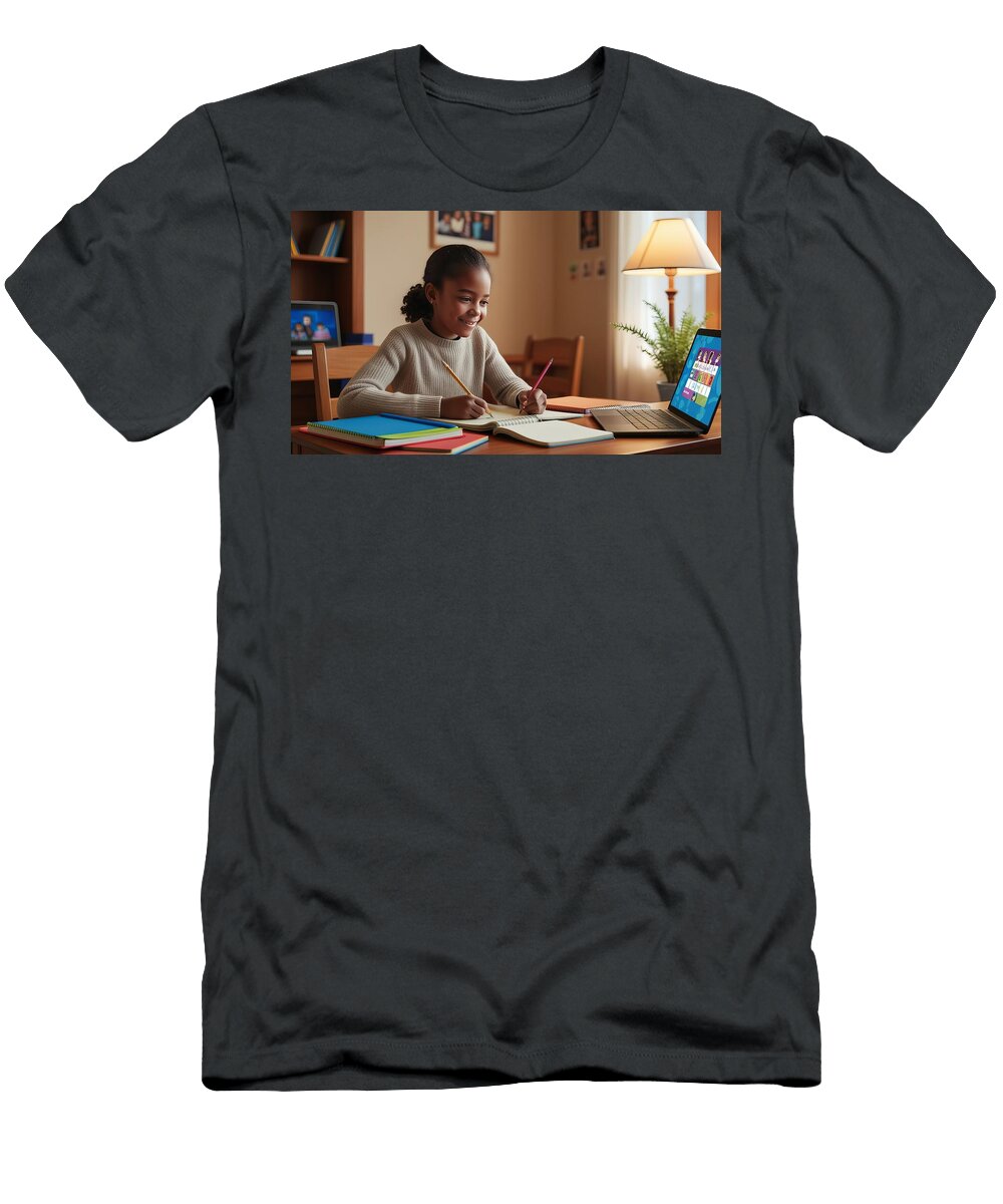 1 Young Student Girl Studying Online At Home with Laptop and Notebook Talha Khan T-Shirt